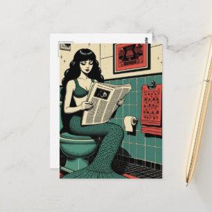 Funny Mid Century Sea Siren on Toilet Reading Postcard
