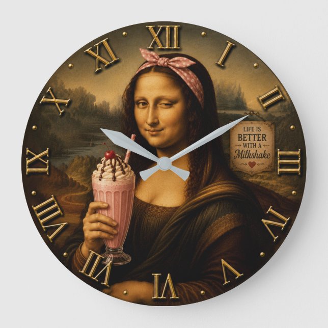 Funny Milkshake Mona Lisa Large Clock (Front)