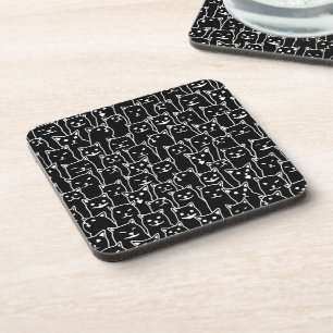 Funny Minimalist Black White Cat Line Art Pattern Coaster