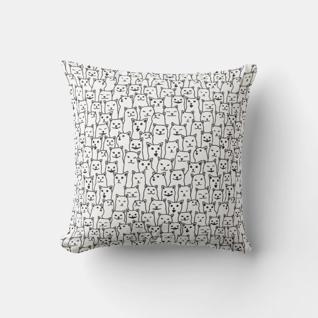 Funny Minimalist Black White Cat Line Art Pattern Cushion (Front)