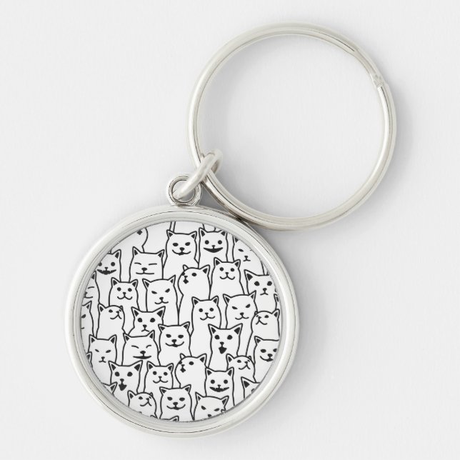 Funny Minimalist Black White Cat Line Art Pattern Key Ring (Front)