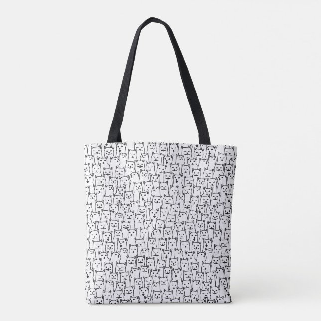 Funny Minimalist Black White Cat Line Art Pattern Tote Bag (Back)