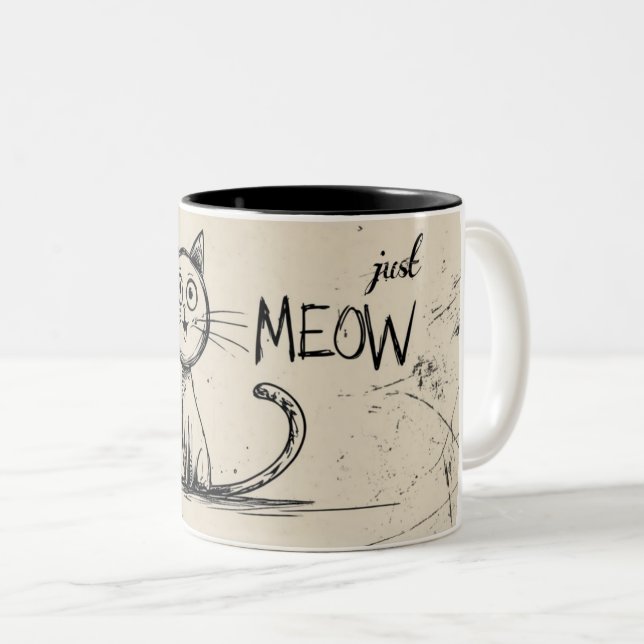 Funny Minimalist Cat Illustration With "Just Meow" Two-Tone Coffee Mug (Front Right)
