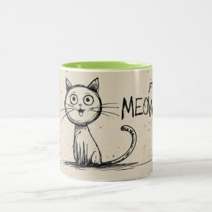 Funny Minimalist Cat Illustration With "Just Meow" Two-Tone Coffee Mug
