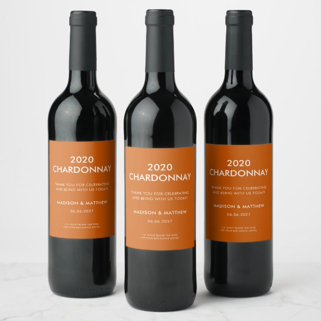 Funny Modern Burnt Orange Thank You Party Wedding Wine Label (Bottles)