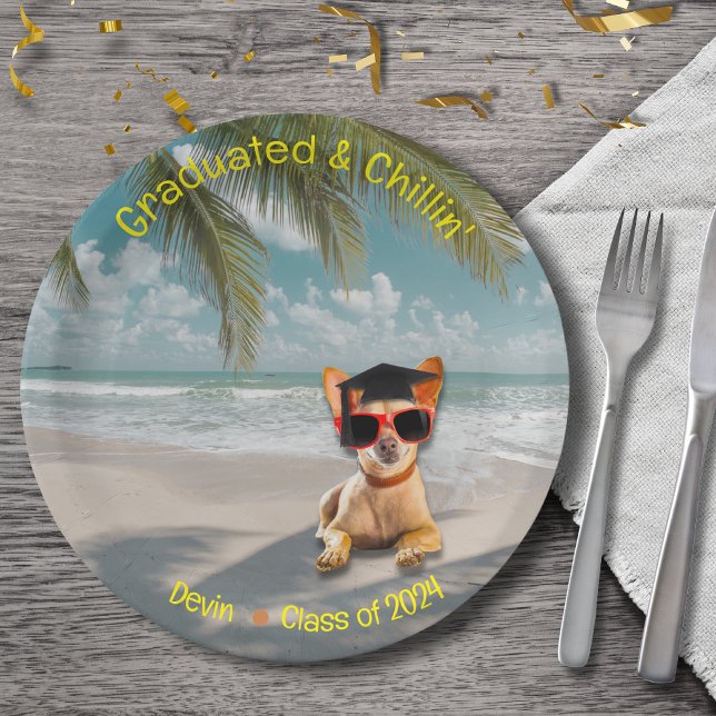 Funny Modern Dog Beach Graduation Paper Plate (Personalized plates for your graduation party are a great wayt to make the party more personal!)