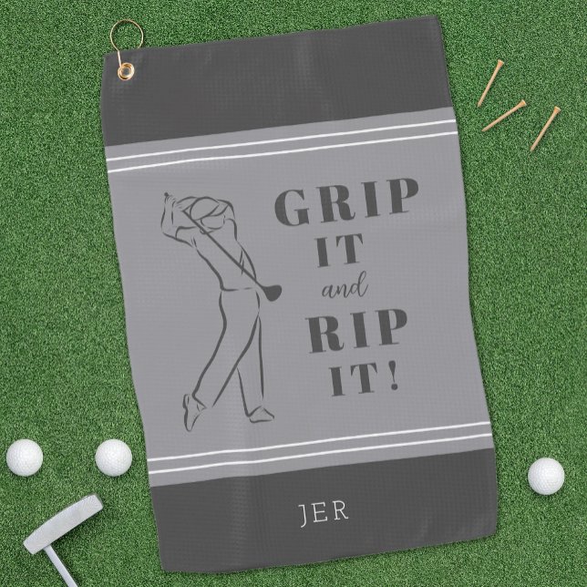 Funny Modern Golfer Silhouette Black Grey Monogram Golf Towel (Creator Uploaded)