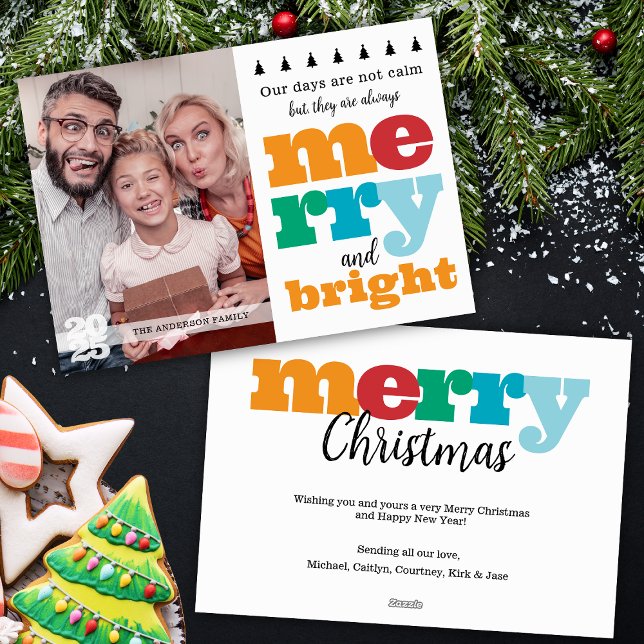 Funny Modern Merry and Bright Colourful Holiday Card (Funny modern bright colorful merry and bright holiday card with single photo and bold typography)