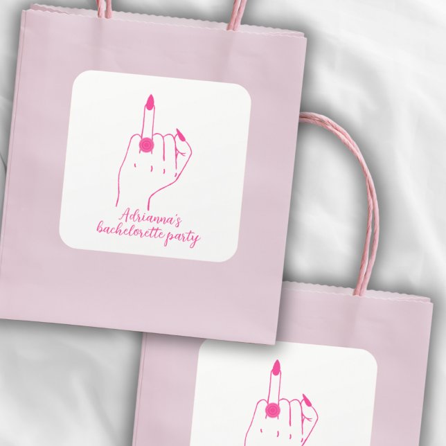 Funny Modern Pink Bachelorette Bride Ring Finger Square Sticker (funny modern ring finger bachelorette party pink )