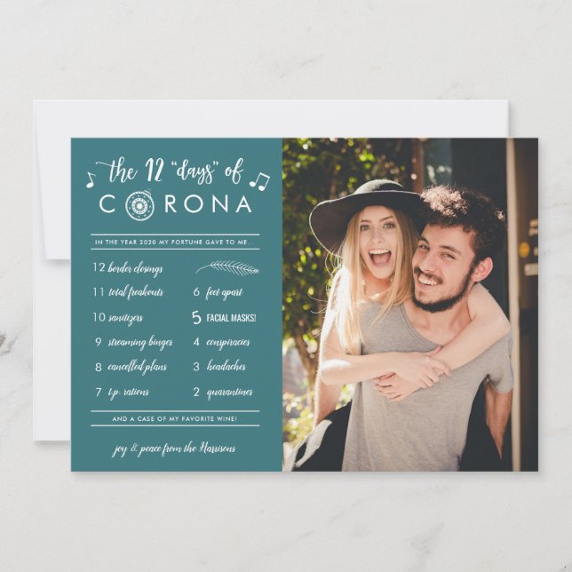 Funny Modern Twelve Days of Corona Teal Photo Holiday Card (Front)