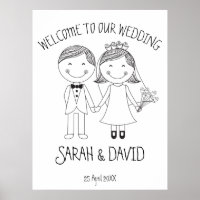Funny modern wedding doodle cartoon couple welcome