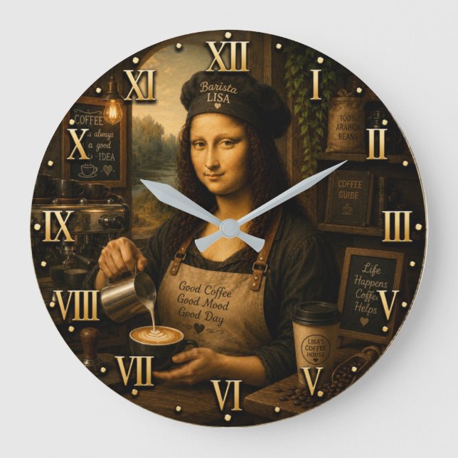 Funny Mona Lisa Barista Coffee Shop Kitchen Large Clock (Front)