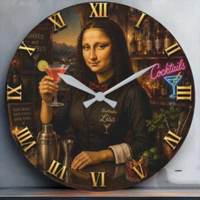 Funny Mona Lisa Bartender Cocktail Bar Decor Large Clock (Creator Uploaded)