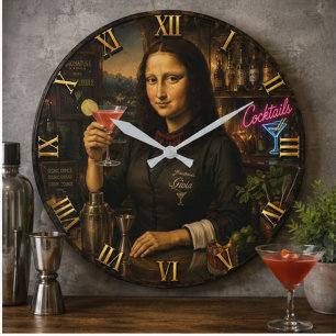 Funny Mona Lisa Bartender Cocktail Bar Decor Large Clock