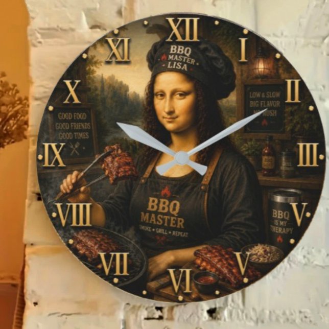 Funny Mona Lisa BBQ Master Barbecue Grill Decor Large Clock (Creator Uploaded)