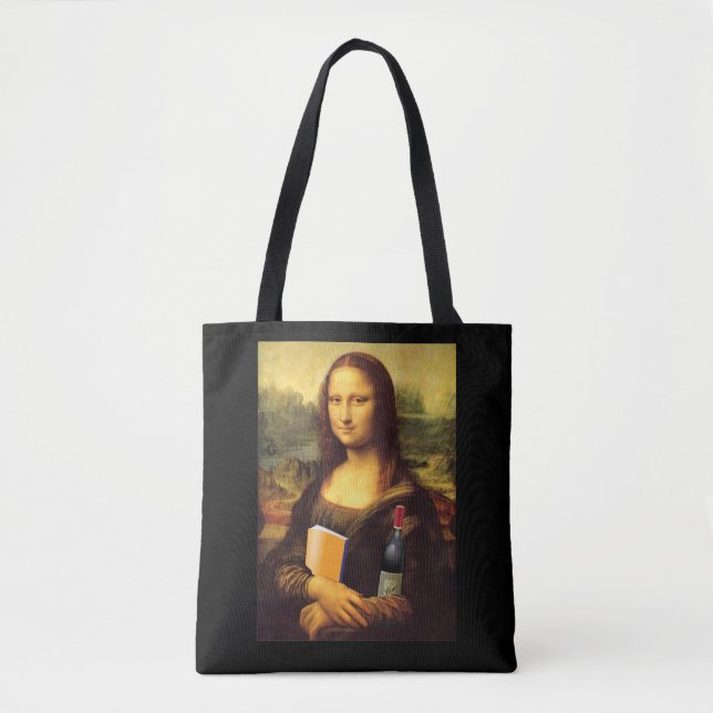 Funny Mona Lisa Book and Wine Tote Bag (Front)