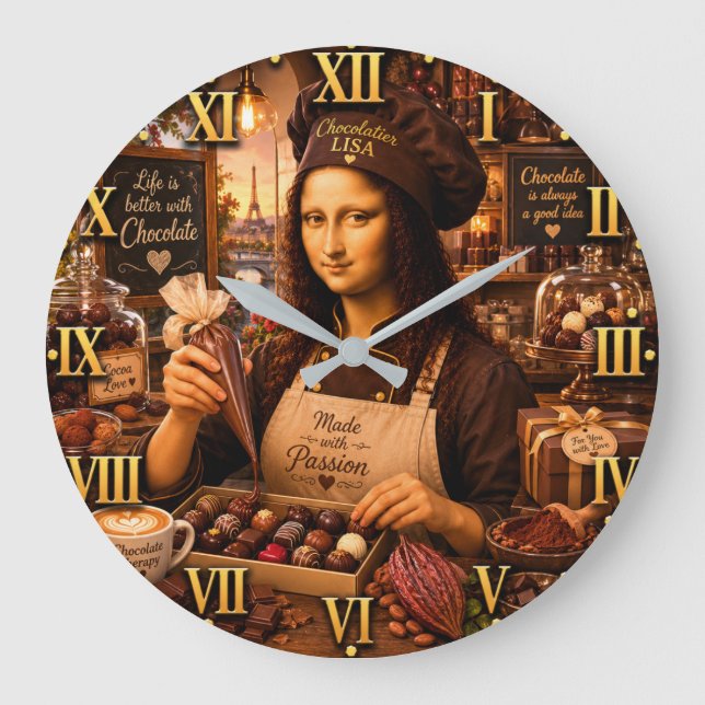 Funny Mona Lisa Chocolatier Gourmet Candy Maker  Large Clock (Front)