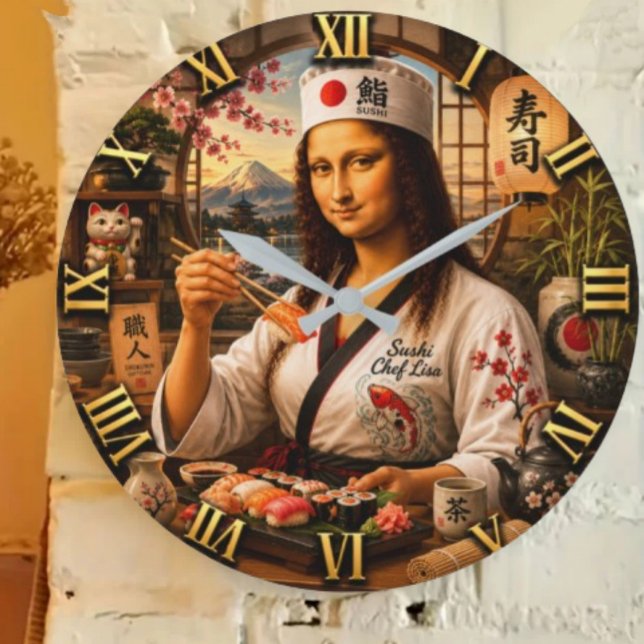 Funny Mona Lisa Sushi Chef Japanese Kitchen Decor Large Clock (Creator Uploaded)