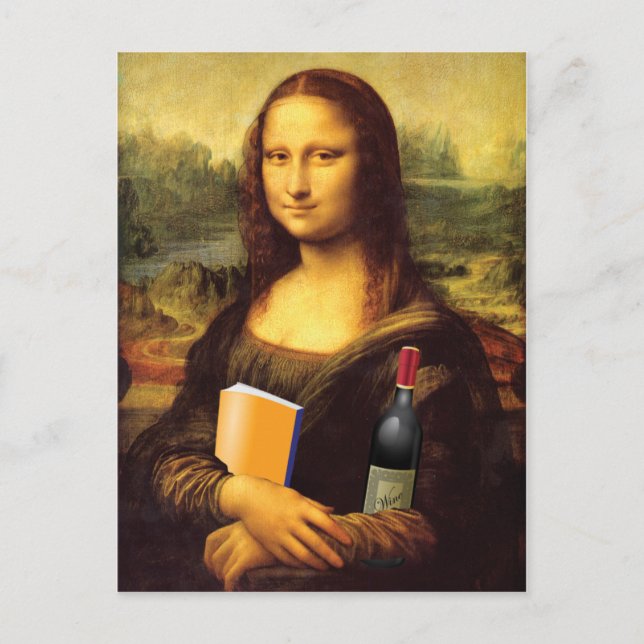 Funny Mona Lisa with Wine and Book Postcard (Front)