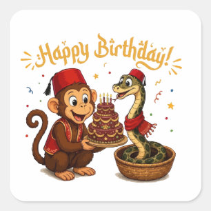Funny Monkey and Snake Birthday Celebration Square Sticker