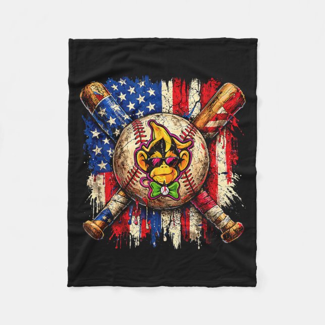 Funny Monkey Baseball Mascot with American Flag Fleece Blanket (Front)