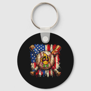 Funny Monkey Baseball Mascot with American Flag Key Ring