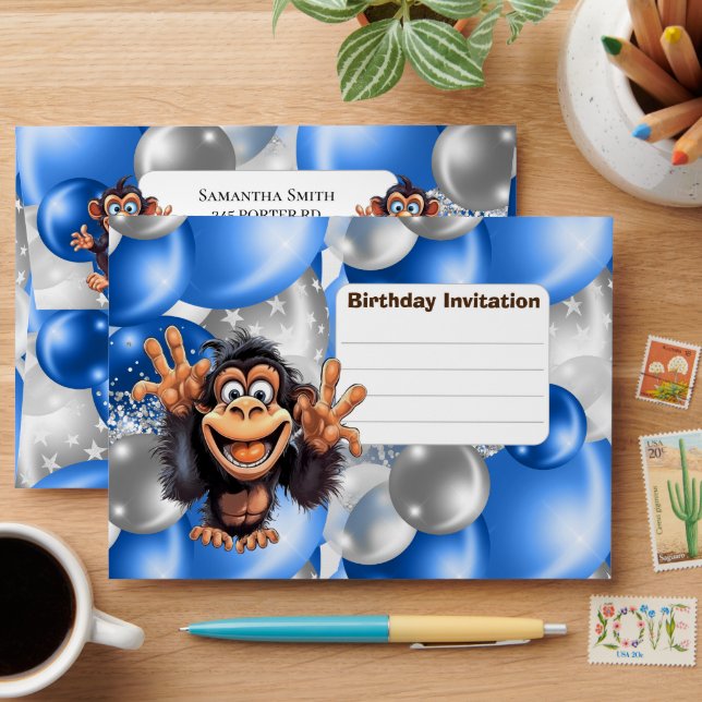 Funny Monkey Birthday Invitation Blue Envelope (Desk)