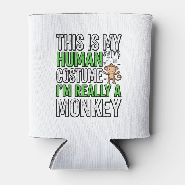 Funny Monkey Human Costume Halloween Shirt Design_ Can Cooler (Front)