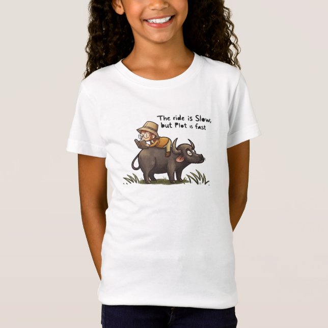Funny Monkey Reading On Buffalo Kids Graphic Tee (Front)