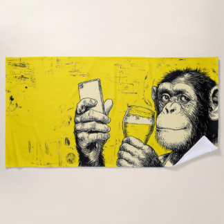 Funny Monkey Selfie Illustration – Cool Chimpanzee Beach Towel