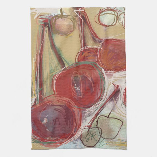 Funny Monogram Hand Drawn Art Gold Red Cherry Cute Tea Towel (Vertical)