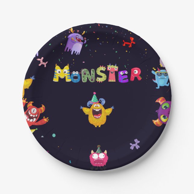Funny Monster Birthday Party Plates (Front)