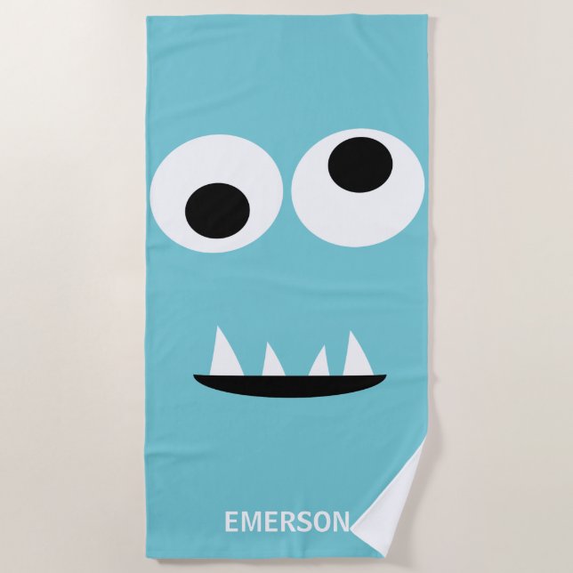 Funny Monster Face Kids Personalised Light Blue Beach Towel (Front)