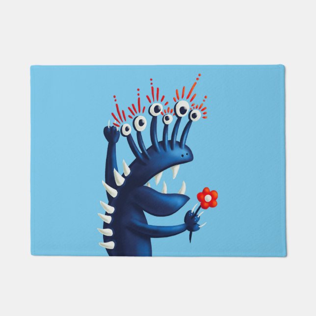 Funny Monster Flower Blue Kids Doormat (Front)