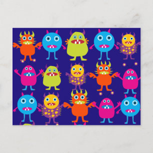 Funny Monster Party Cute Creatures on Blue Postcard