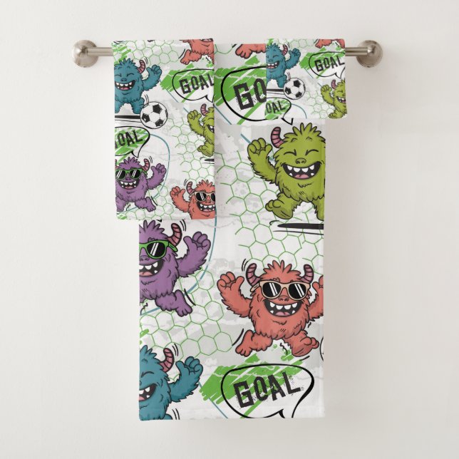Funny Monster Soccer Kids Pattern Bath Towel Set (Insitu)