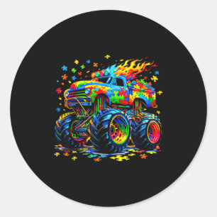 Funny monster truck autism awareness puzzle classic round sticker