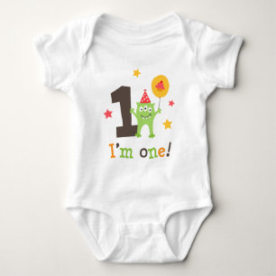 Funny monster with balloon and cupcake I am one Baby Bodysuit