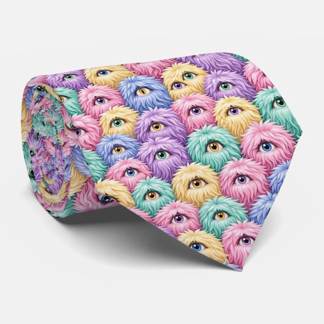 Funny Monsters | Abstract Furry Creatures Tie (Rolled)