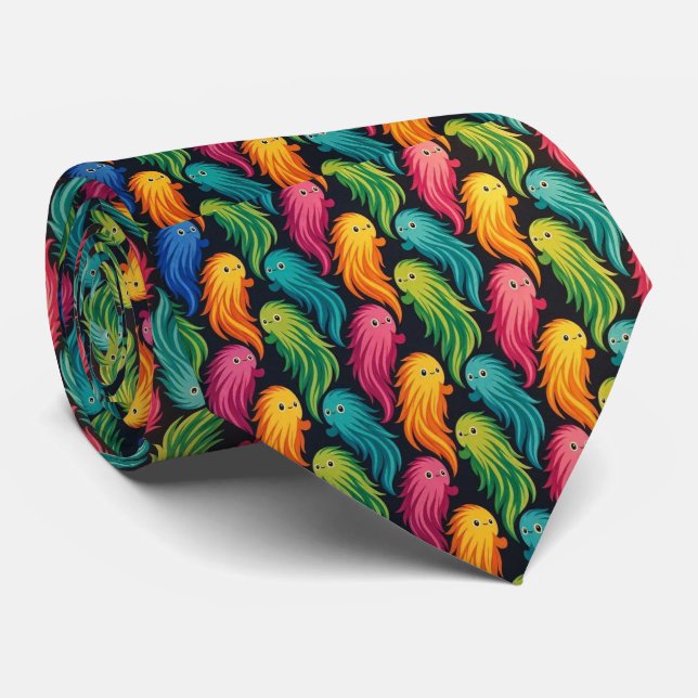 Funny Monsters | Abstract Furry Creatures Tie (Rolled)