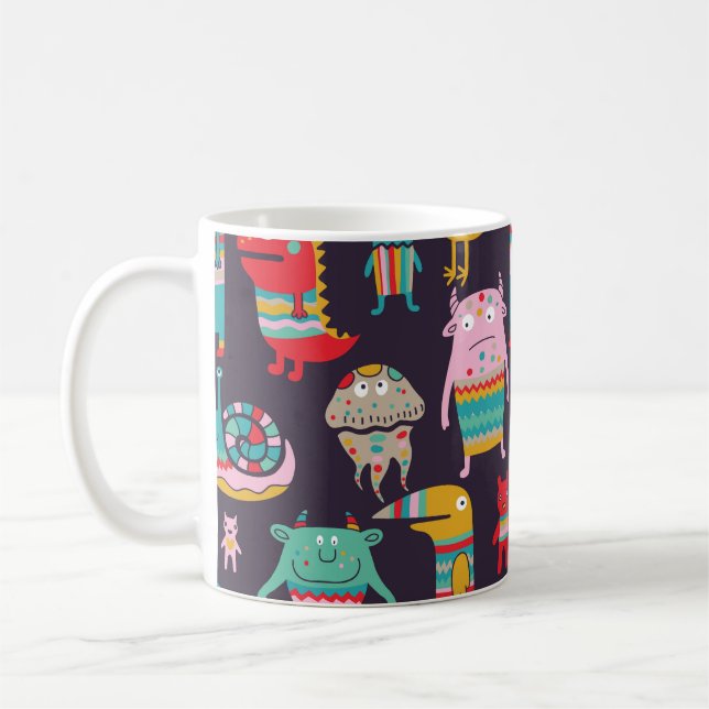 Funny Monsters Cartoon Seamless Pattern Coffee Mug (Left)