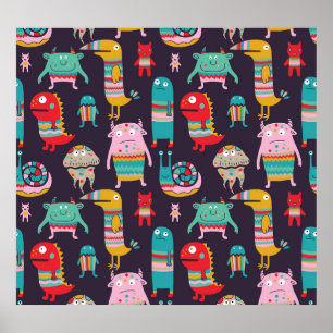 Funny Monsters Cartoon Seamless Pattern Poster