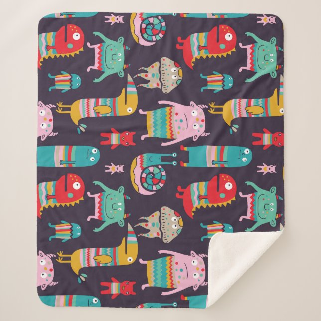 Funny Monsters Cartoon Seamless Pattern Sherpa Blanket (Front)