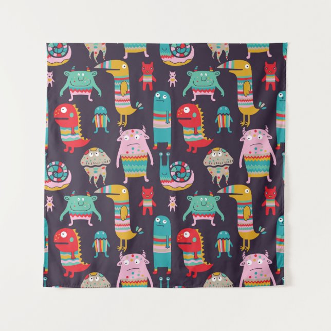Funny Monsters Cartoon Seamless Pattern Tapestry (Front)