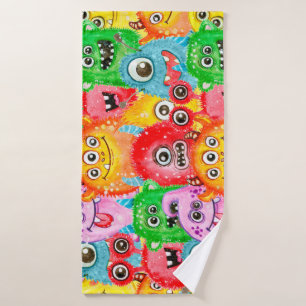 Funny Monsters, Watercolor Seamless Pattern. Bath Towel