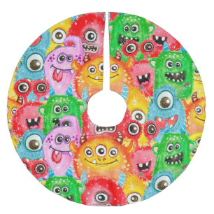 Funny Monsters, Watercolor Seamless Pattern. Brushed Polyester Tree Skirt