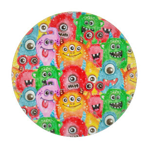Funny Monsters, Watercolor Seamless Pattern. Cutting Board