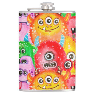 Funny Monsters, Watercolor Seamless Pattern. Hip Flask