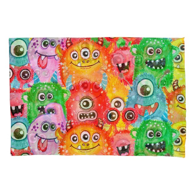 Funny Monsters, Watercolor Seamless Pattern. Pillowcase (Front)