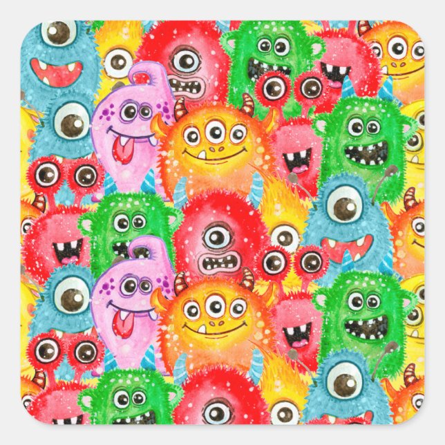 Funny Monsters, Watercolor Seamless Pattern. Square Sticker (Front)